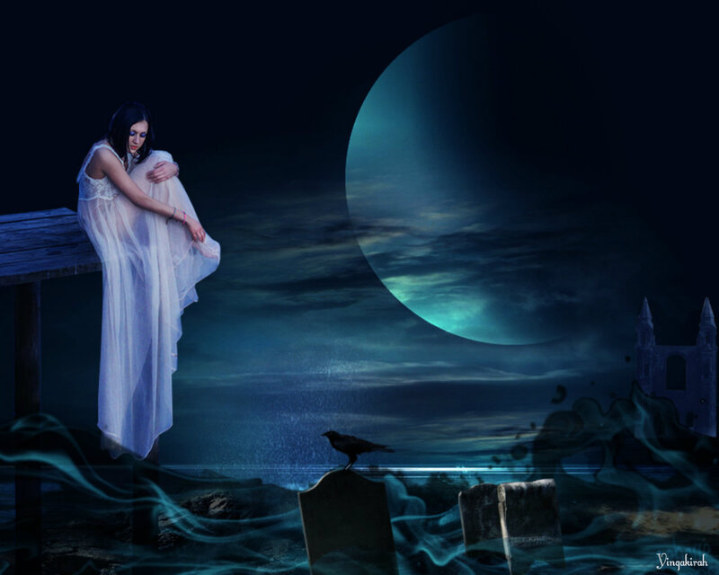 Woman in White Dress — Blue, Dramatic, Night, Digital Art, Moon, Crow