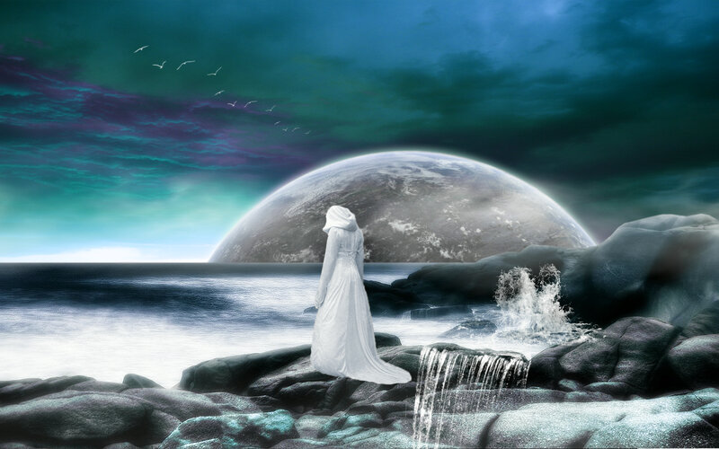 Woman in White Dress — Blue, Dramatic, Night, Digital Art, Moon, Ocean