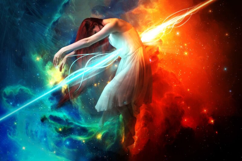 Woman in White Dress — Blue, Dramatic, Night, Digital Art, Nebula, Light Beams