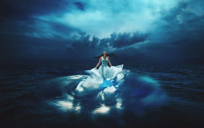 Woman in White Dress — Blue, Dramatic, Night, Digital Art, Ocean, Clouds