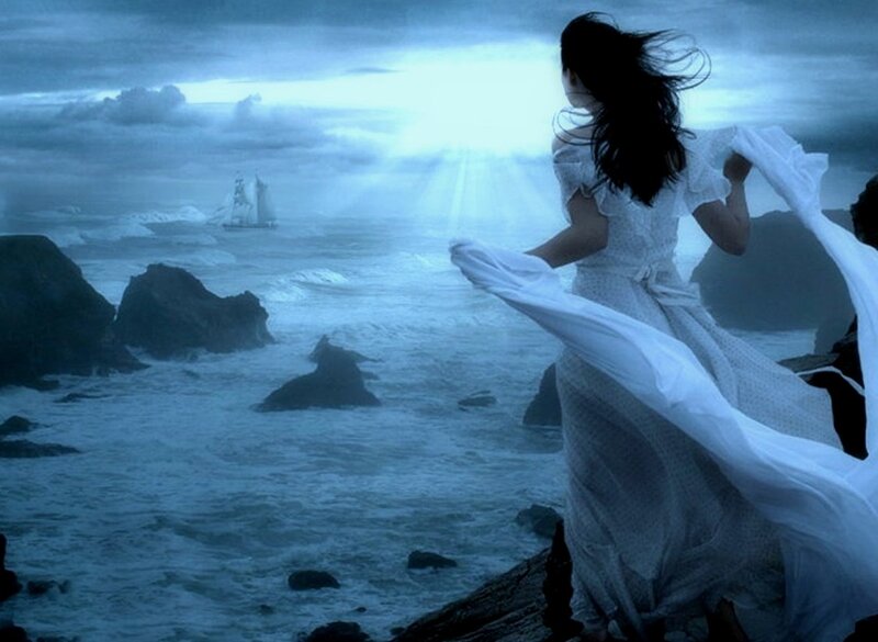 Woman in White Dress — Blue, Dramatic, Night, Digital Art, Ocean, Sailboat