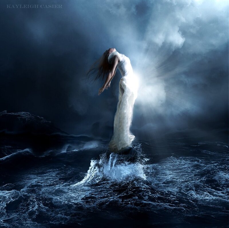 Woman in White Dress — Blue, Dramatic, Night, Digital Art, Ocean