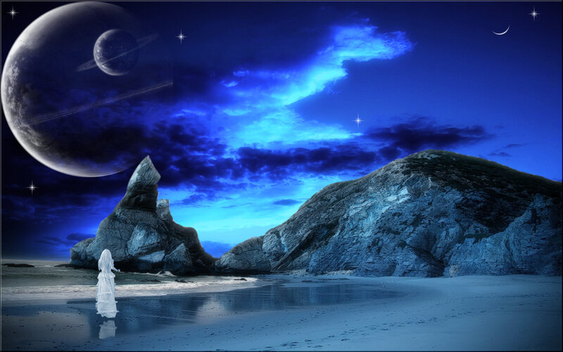 Woman in White Dress — Blue, Dramatic, Night, Digital Art, Planet, Moon