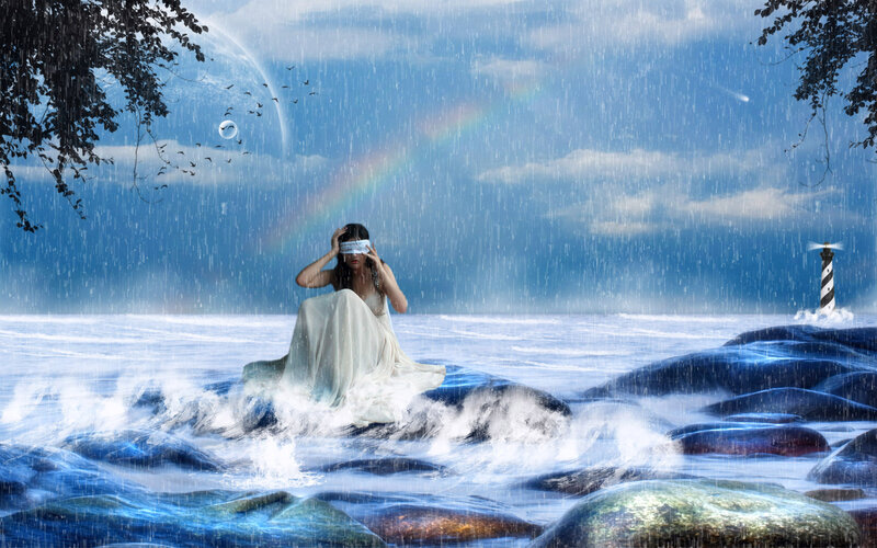 Woman in White Dress — Blue, Dramatic, Night, Digital Art, Rain
