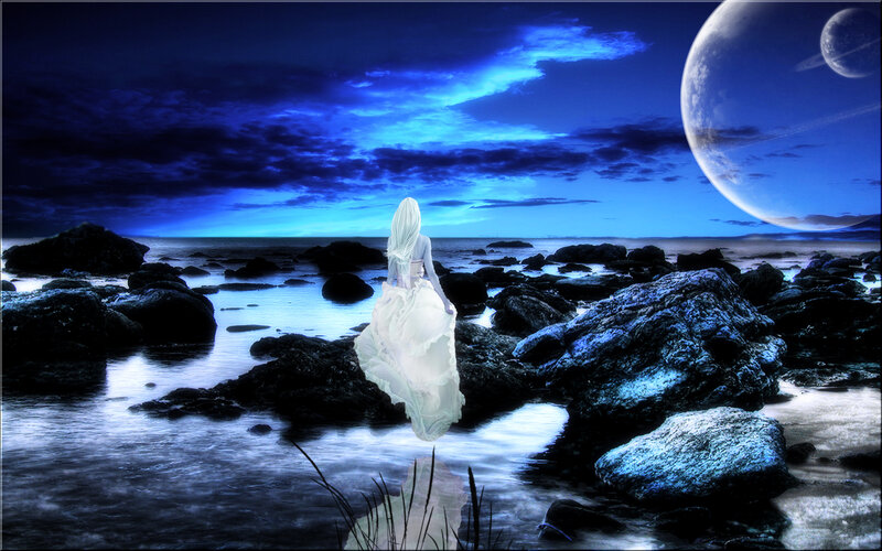 Woman in White Dress — Blue, Dramatic, Night, Digital Art, Rocks