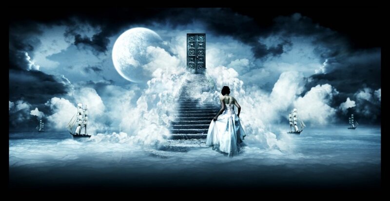 Woman in White Dress — Blue, Dramatic, Night, Digital Art, Sailboats