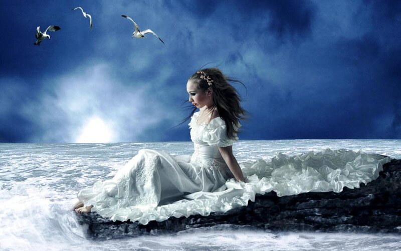 Woman in White Dress — Blue, Dramatic, Night, Digital Art, Seagulls