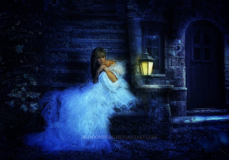 Woman in White Dress — Blue, Dramatic, Night, Digital Art, Stone Building