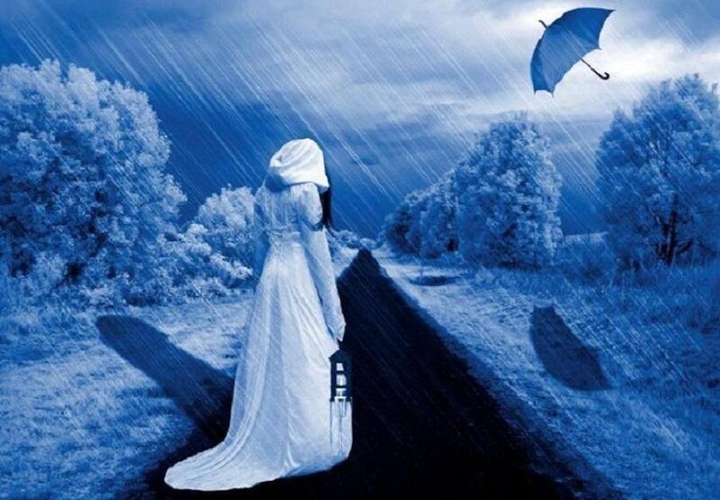 Woman in White Dress — Blue, Dramatic, Night, Digital Art, Umbrella, Rain