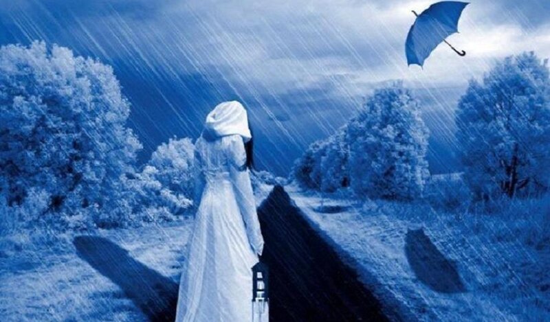 Woman in White Dress — Blue, Dramatic, Night, Digital Art, Umbrella