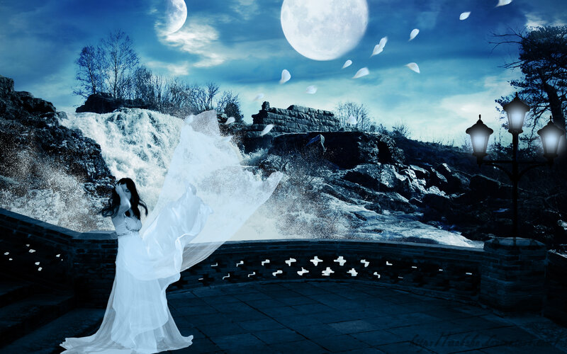 Woman in White Dress — Blue, Dramatic, Night, Digital Art, Waterfall