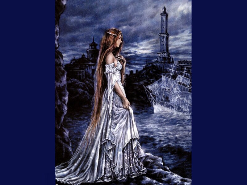 Woman in White Dress — Blue, Dramatic, Night, Illustration, Lighthouse
