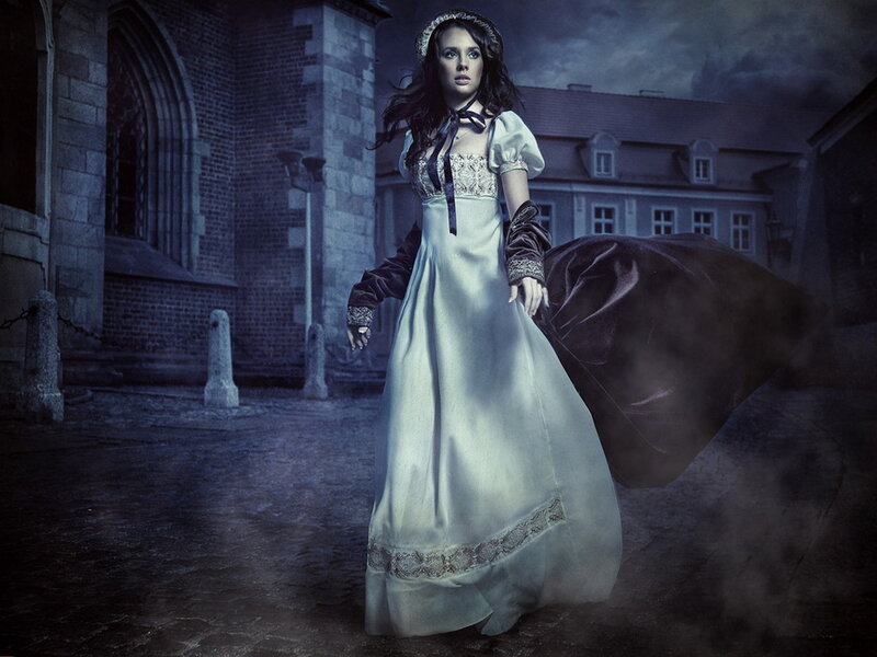 Woman in White Dress — Blue, Dramatic, Night, Photograph, Castle