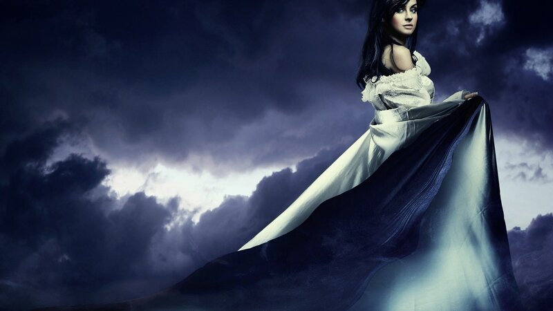 Woman in White Dress — Blue, Dramatic, Night, Photograph, Clouds, Sky