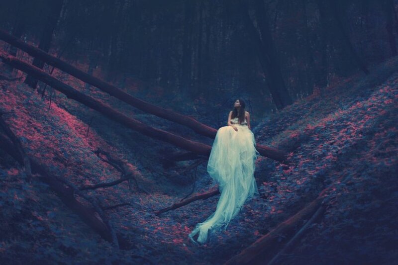 Woman in White Dress — Blue, Dramatic, Night, Photograph, Forest, Fallen Tree