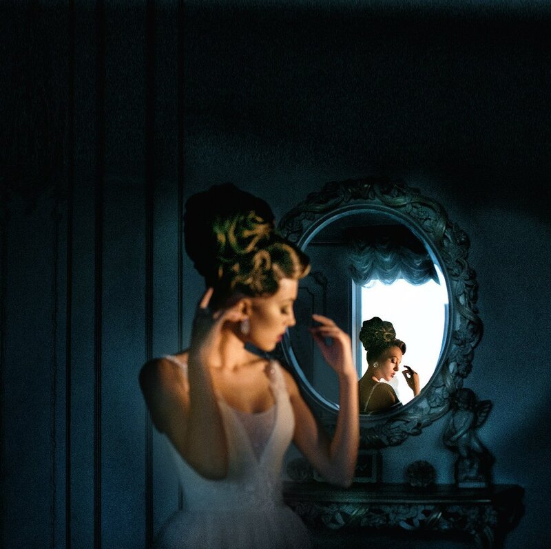 Woman in White Dress — Blue, Dramatic, Night, Photograph, Mirror