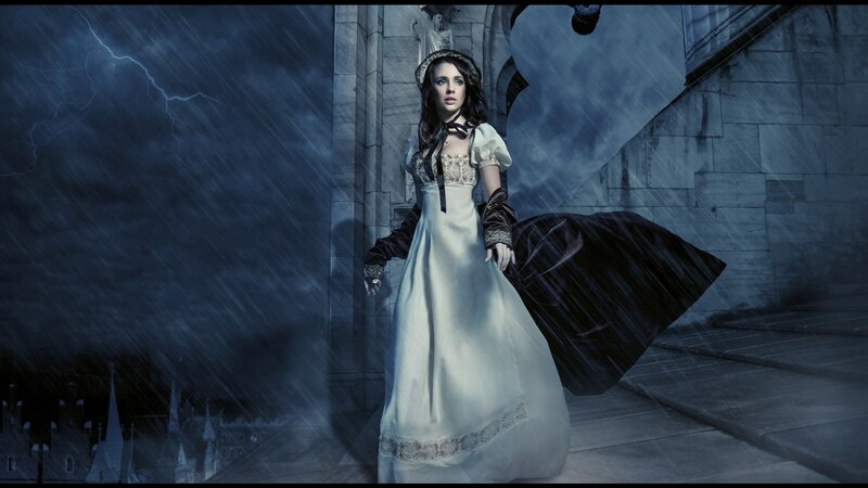 Woman in White Dress — Blue, Dramatic, Night, Photograph, Rain