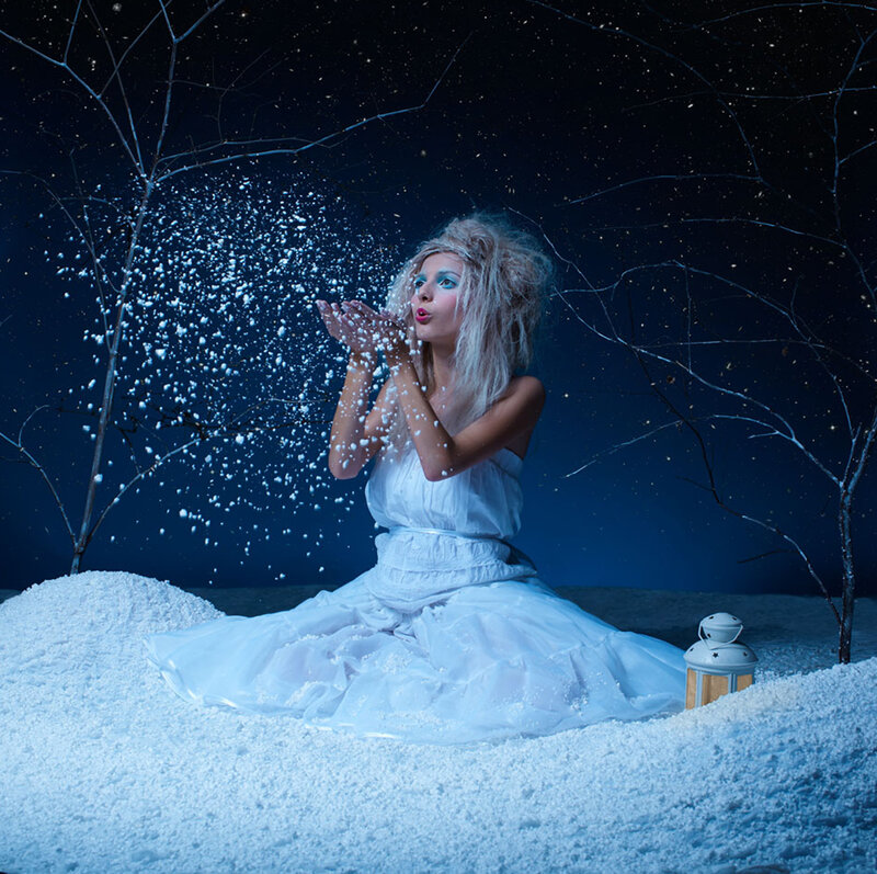Woman in White Dress — Blue, Dramatic, Night, Photograph, Snow