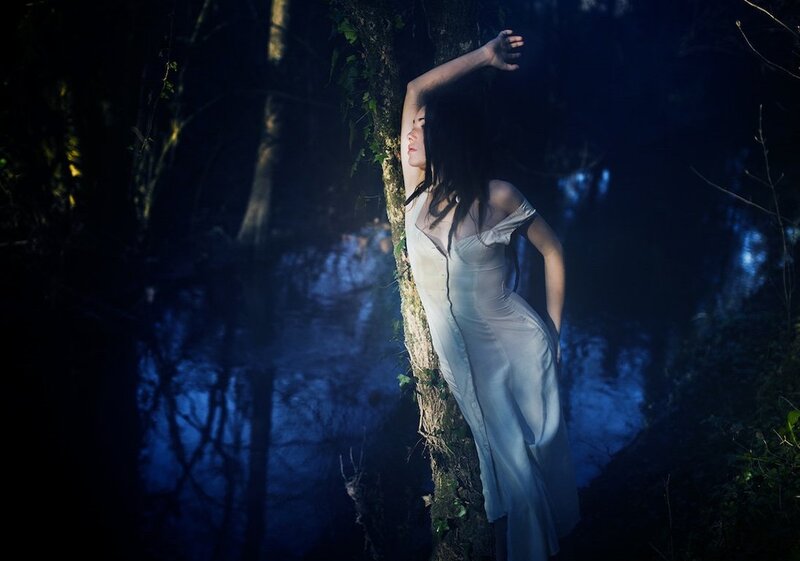 Woman in White Dress — Blue, Dramatic, Night, Photograph, Tree