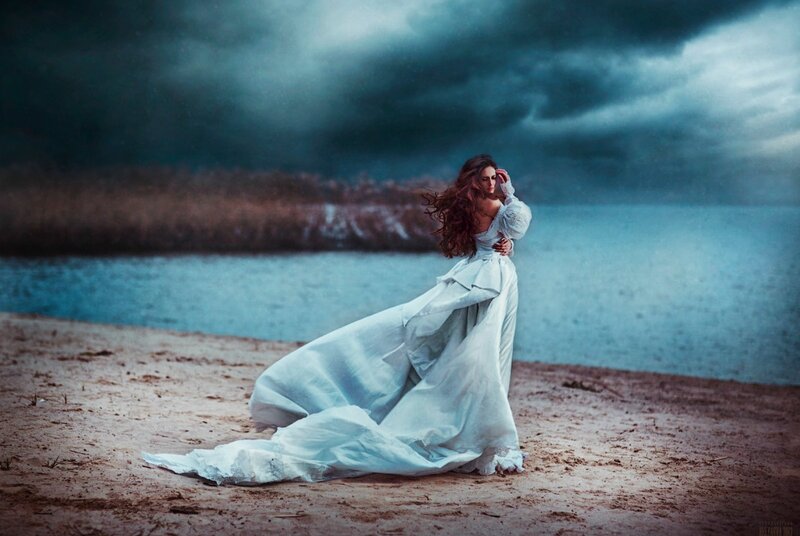 Woman in White Dress — Blue, Dramatic, Photograph, Beach