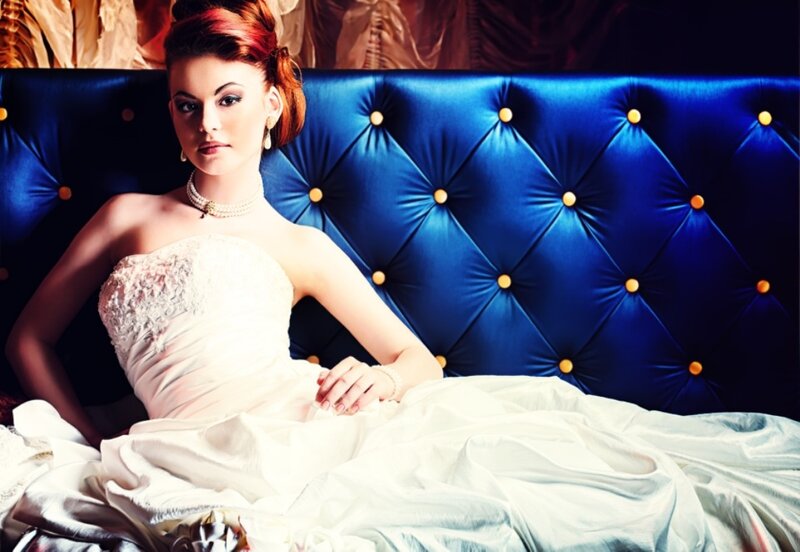 Woman in White Dress — Blue, Dramatic, Photograph, Blue Headboard