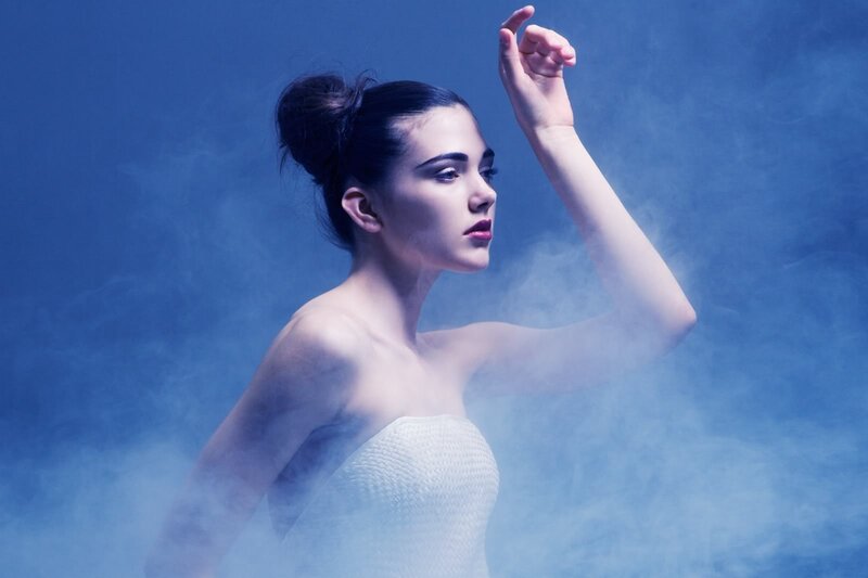 Woman in White Dress — Blue, Dramatic, Photograph, Smoke