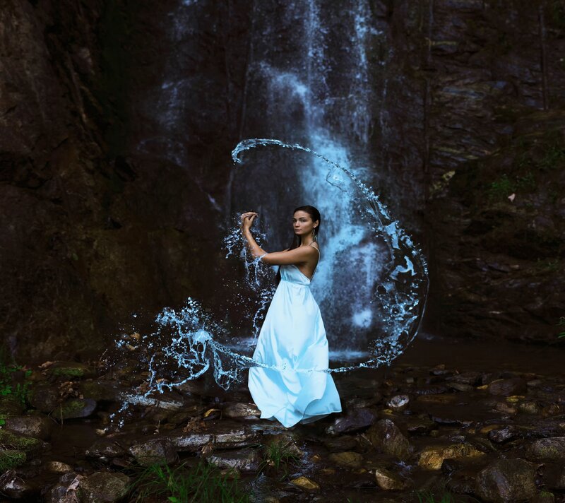 Woman in White Dress — Blue, Dramatic, Photograph, Waterfall
