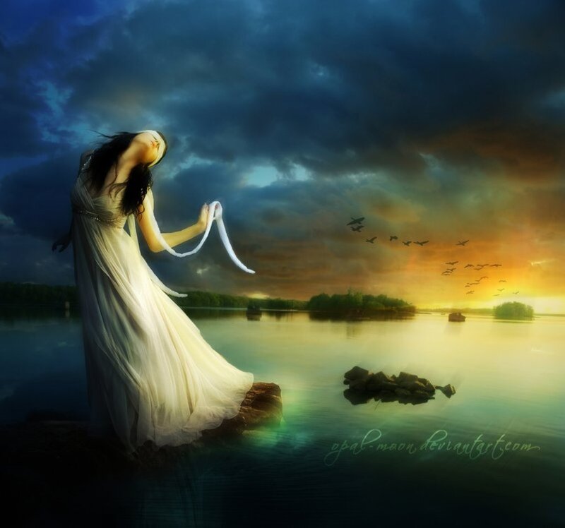 Woman in White Dress — Blue, Dramatic, Sunset, Digital Art, Birds