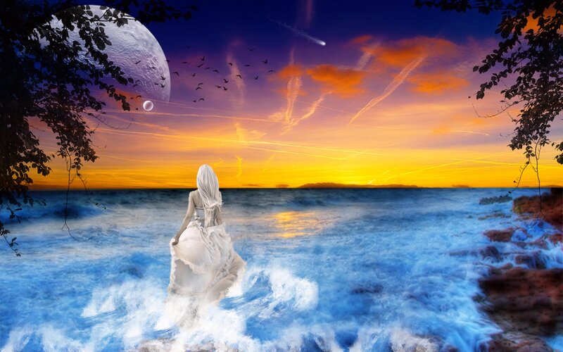 Woman in White Dress — Blue, Dramatic, Sunset, Digital Art, Moon