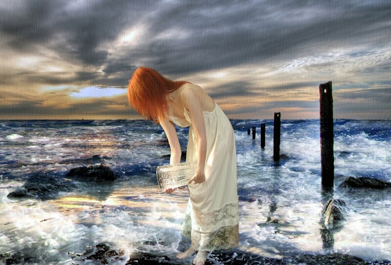 Woman in White Dress — Blue, Dramatic, Sunset, Digital Art, Ocean