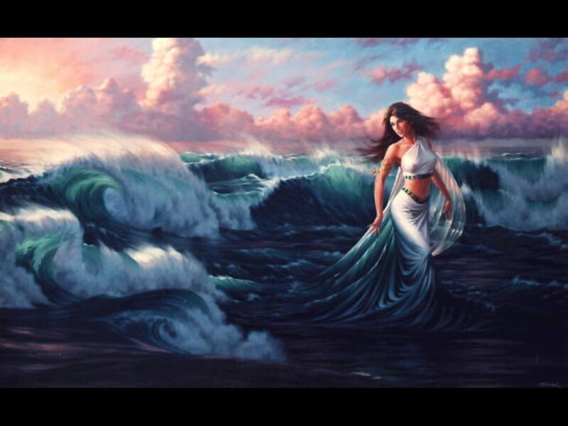 Woman in White Dress — Blue, Dramatic, Sunset, Digital Art, Ocean Waves