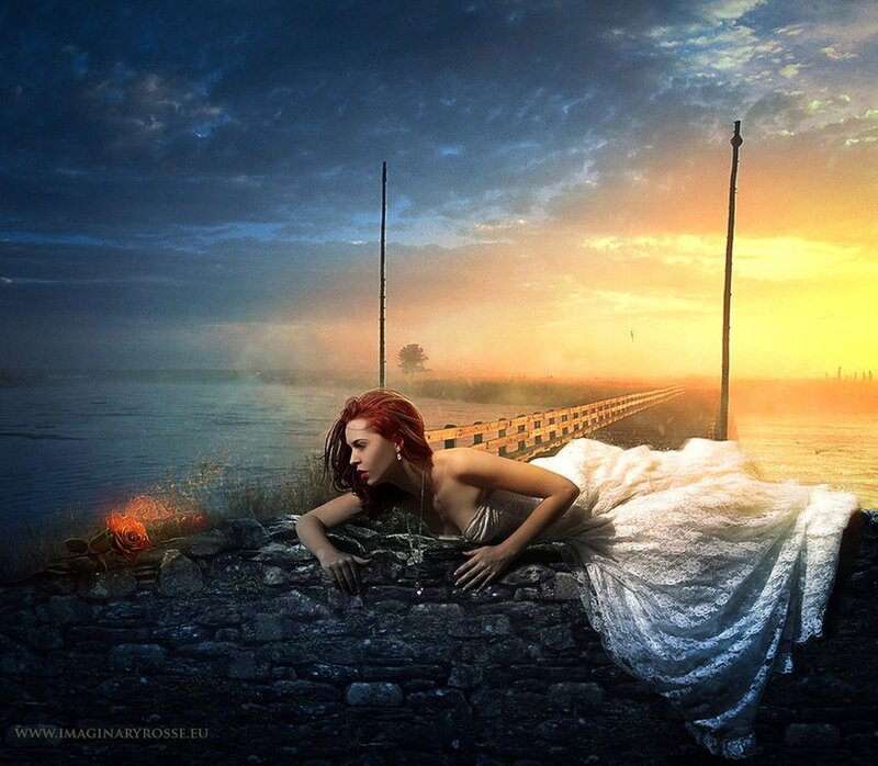 Woman in White Dress — Blue, Dramatic, Sunset, Digital Art, Stone Wall