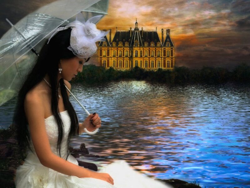 Woman in White Dress — Blue, Dramatic, Sunset, Digital Art, Umbrella
