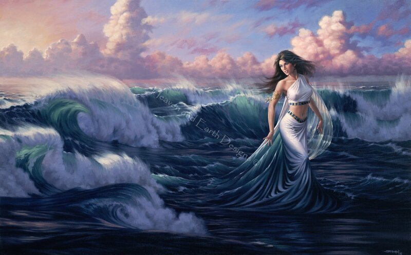 Woman in White Dress — Blue, Dramatic, Sunset, Painting