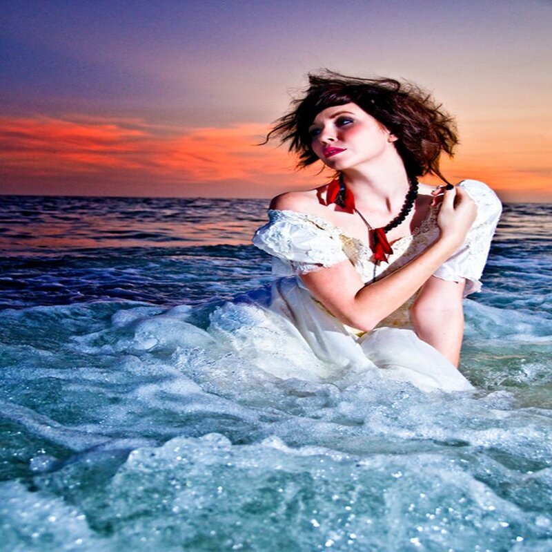Woman in White Dress — Blue, Dramatic, Sunset