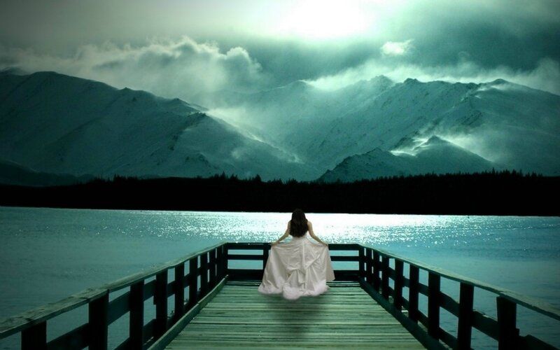 Woman in White Dress — Blue, Dramatic
