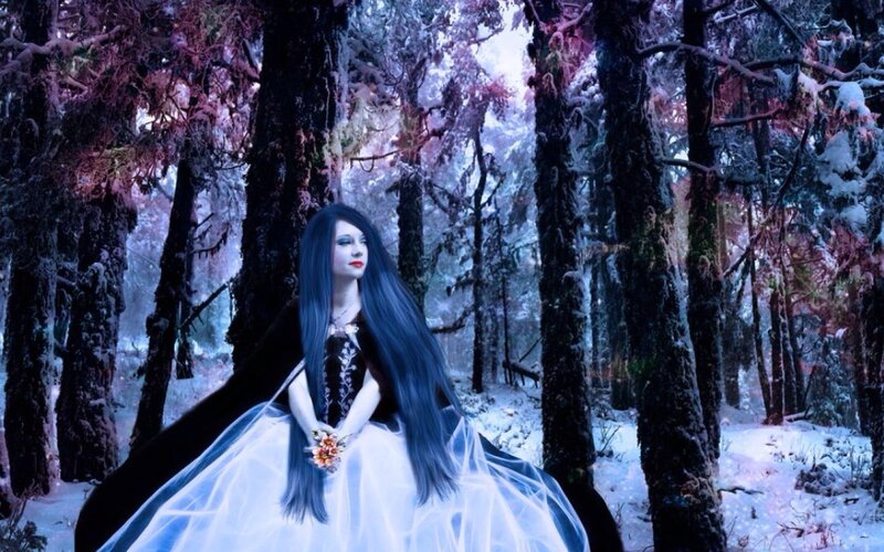 Woman in White Dress — Blue, Dramatic, Winter, Digital Art, Forest
