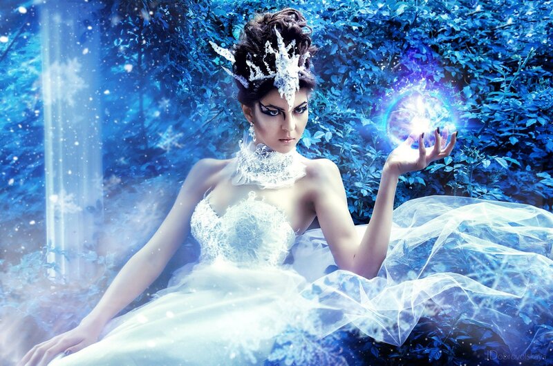 Woman in White Dress — Blue, Dramatic, Winter, Digital Art, Snowflake Crown
