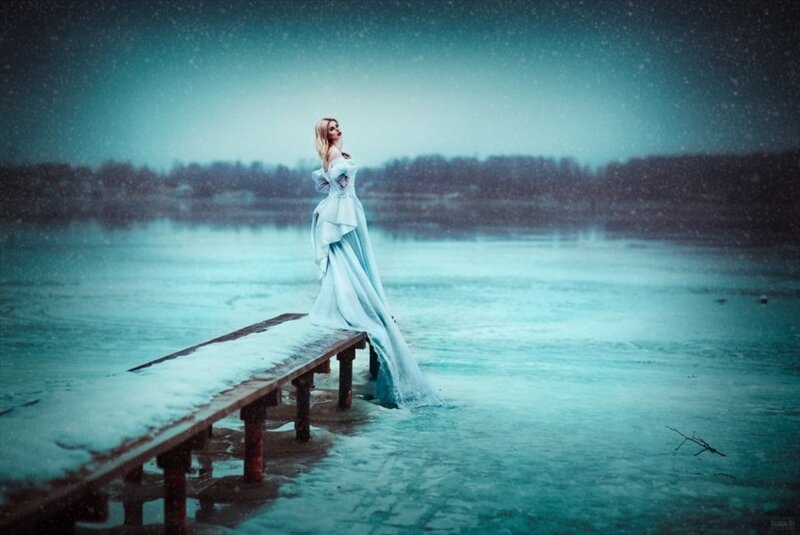 Woman in White Dress — Blue, Dramatic, Winter, Photograph, Dock