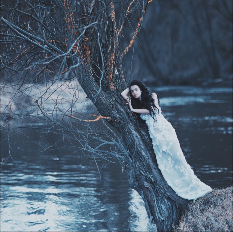 Woman in White Dress — Blue, Dramatic, Winter, Photograph