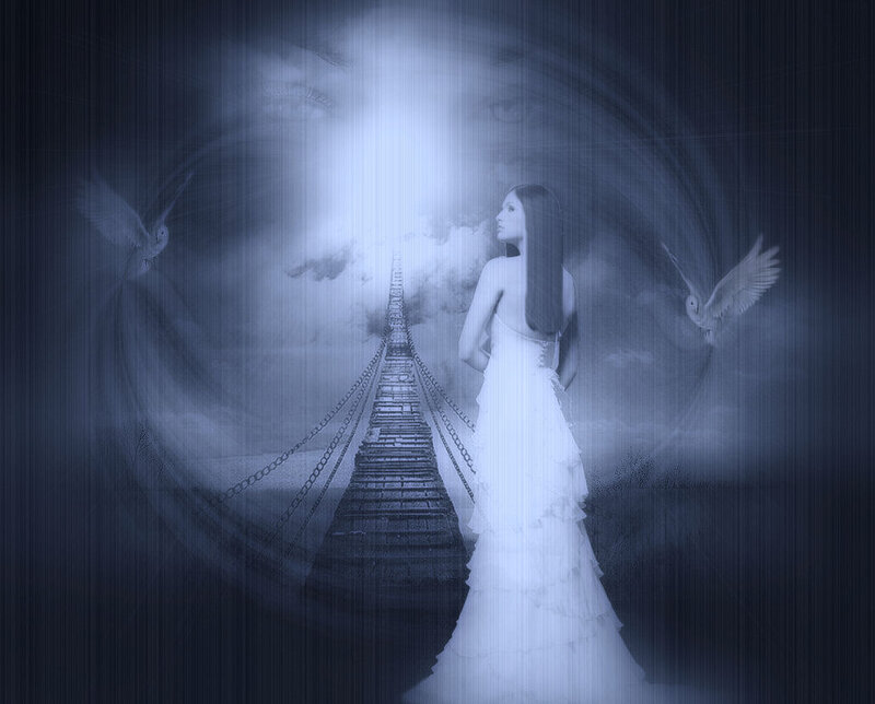 Woman in White Dress — Blue, Dreamy, Digital Art, Bridge