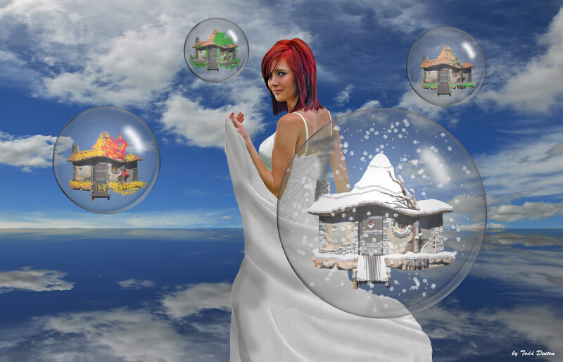 Woman in White Dress — Blue, Dreamy, Digital Art, Bubbles