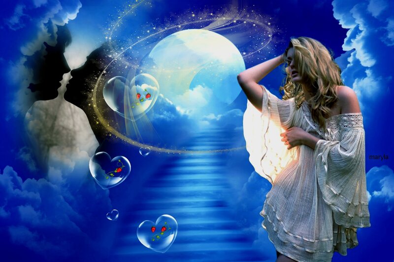 Woman in White Dress — Blue, Dreamy, Night, Digital Art, Moon, Clouds