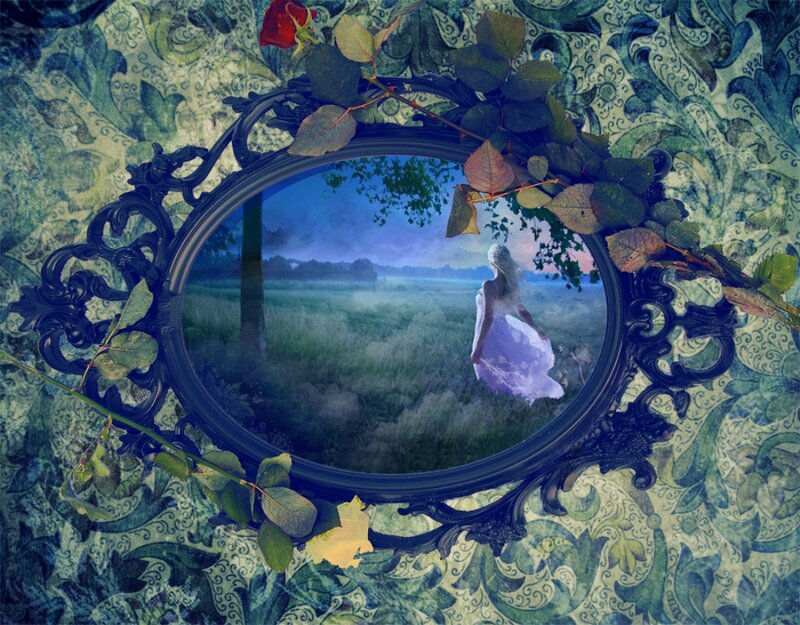 Woman in White Dress — Blue, Dreamy, Sunset, Digital Art