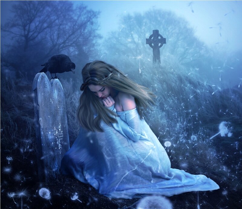 Woman in White Dress — Blue, Melancholic, Night, Digital Art, Gravestone, Crow