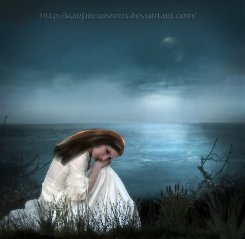 Woman in White Dress — Blue, Melancholic, Night, Digital Art, Moon, Water