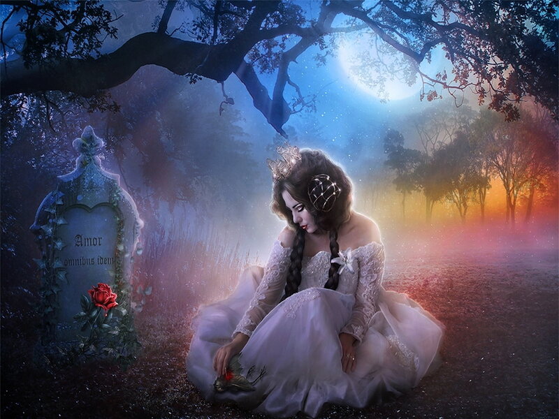 Woman in White Dress — Blue, Melancholic, Night, Digital Art, Tombstone