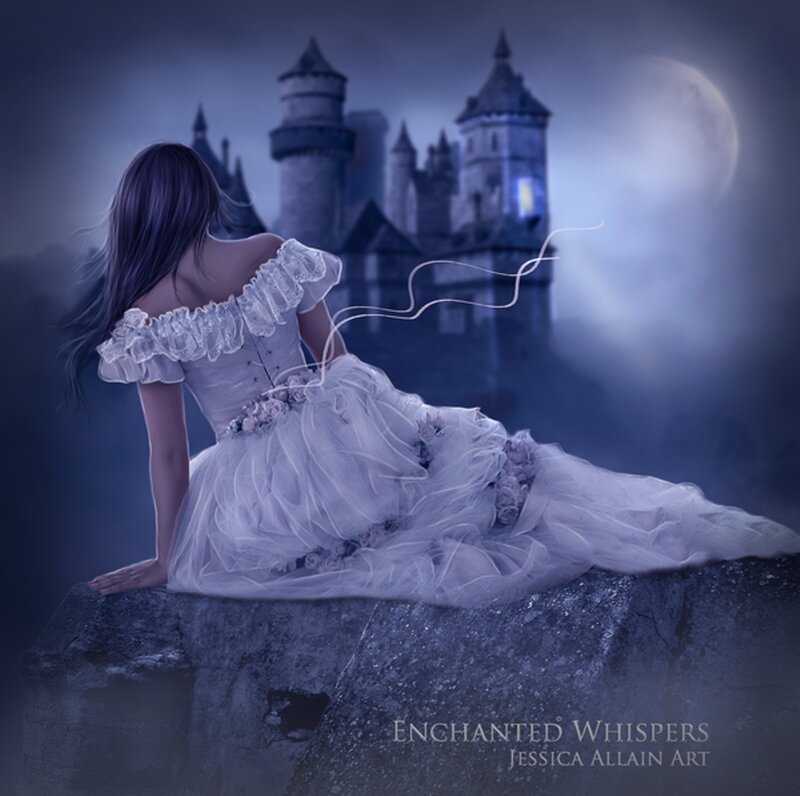 Woman in White Dress — Blue, Mysterious, Night, Digital Art, Castle