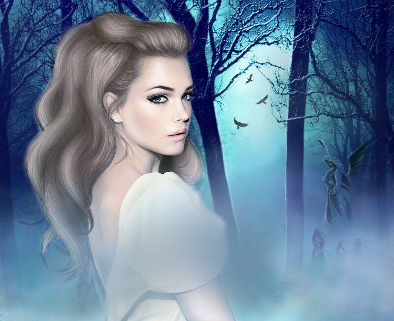 Woman in White Dress — Blue, Mysterious, Night, Digital Art, Forest, Angel Statue