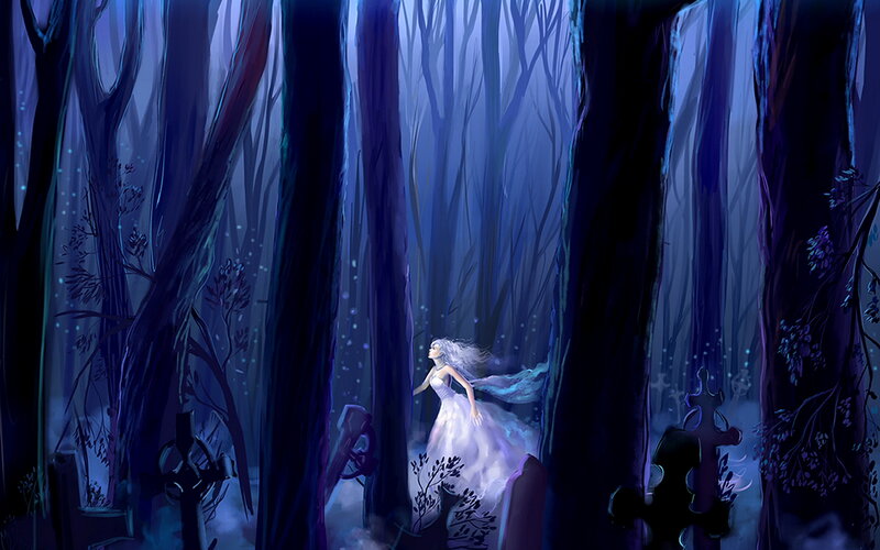 Woman in White Dress — Blue, Mysterious, Night, Digital Art, Forest